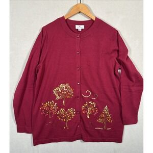 Quacker Factory Women L Red Sequined Trees Button Cardigan Sweater Dressy Mature